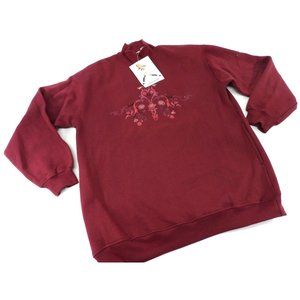 Women's Turtle Neck Embroidered Sweat Shirt Burgundy Size Small NWT